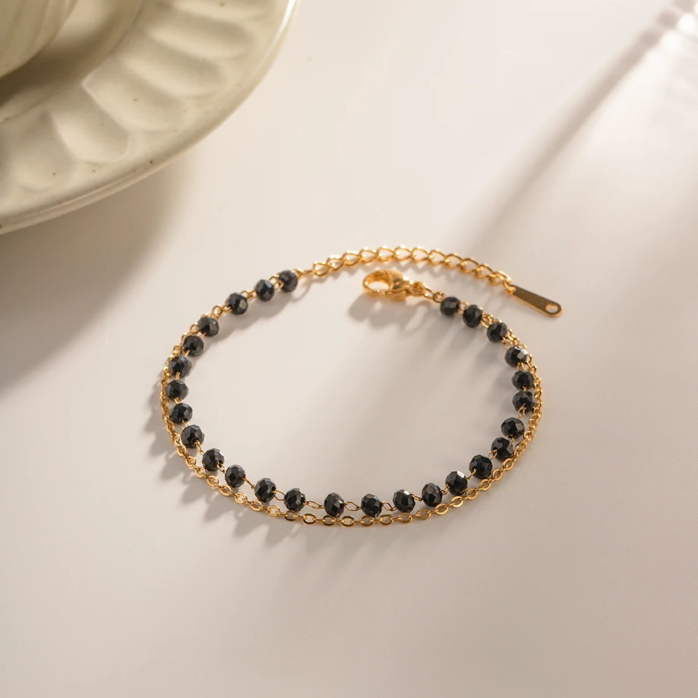 

Double Layer Bead Bracelet For Women Classic Simple Glass Slice Bead Bracelet Ladies Stainless Steel Bracelet Jewelry Gift
