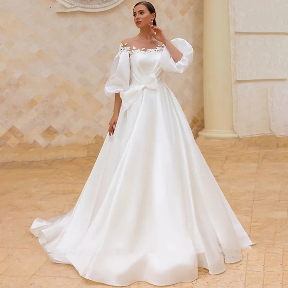 

Sexy Sheer Neck Classical Puff Sleeves Wedding Dresses Appliqued Organza Satin A-Line Beach Princess Bridal Gowns