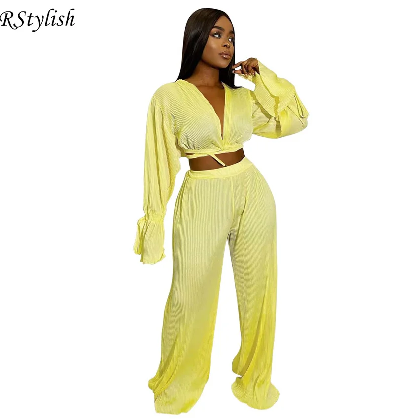 

Женский комплект из двух предметов, осенняя одежда с длинным рукавом и плиссированным укороченным топом на шнуровке и широкими штанинами, ...