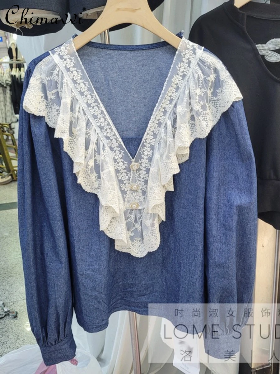 

Blue Lace V-neck Shirt Women's Fashion 2022 Autumn Clothes New Loose Slimming Temperament Long Sleeve Ladies Tops Blouse Women