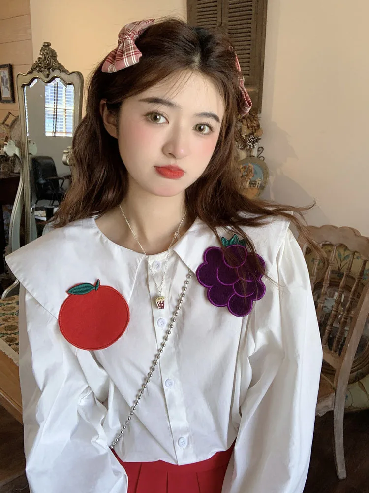 

KIMOKOKM Spring Summer Korea Childish Interest Peter Pan Collar Blouses Sweet Flare Sleeve Cute Kawaii Full Sleeve White Shirt