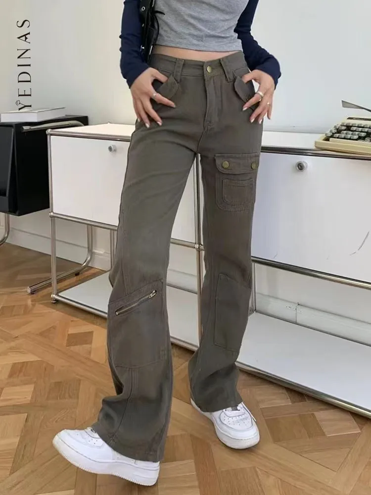

Повседневные американские мешковатые джинсы Yedinas в стиле ретро, полукомбинезоны в стиле ретро, уличная одежда в стиле хип-хоп, прямые джинсовые брюки