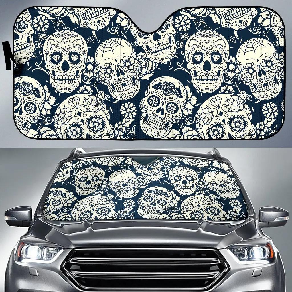 

White Floral Sugar Skull Pattern Print Car Sun Shade