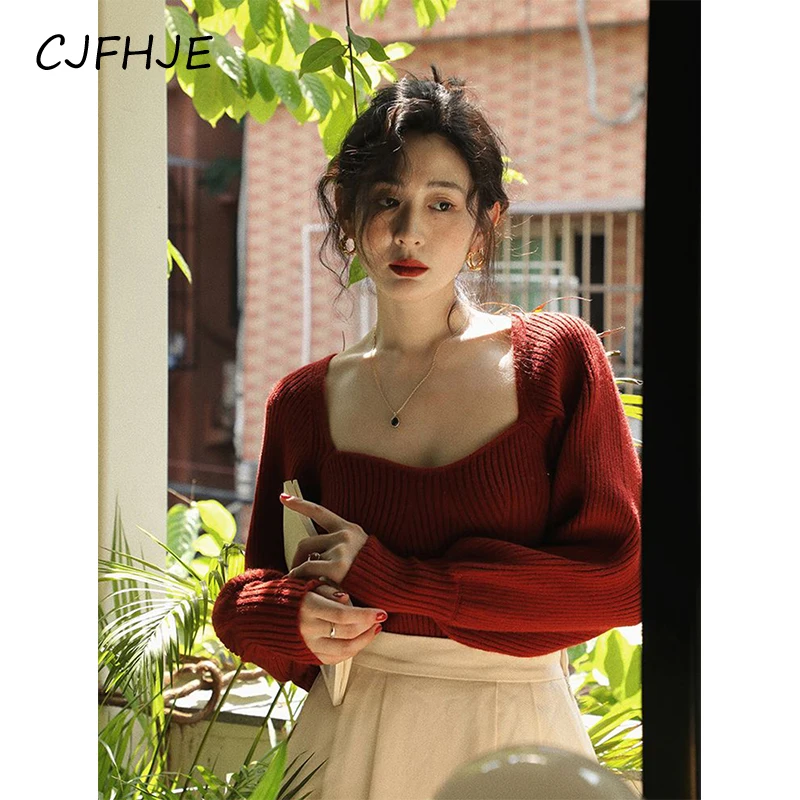 

CJFHJE винтажные свитера с квадратным вырезом Женские Элегантные красные трикотажные пуловеры корейский Тонкий черный трикотаж уличная одежда универсальные джемперы
