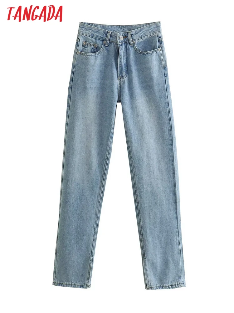 

Tangada 2022 Women Blue Split Jeans Pants Trousers Pockets Buttons Female Pants 4M179