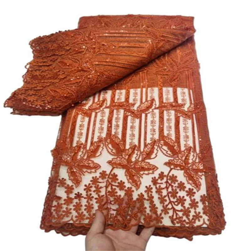 

Оранжевые нигерийские Африканские кружева, тканевые бусины, французская Тюлевая кружевная ткань, Высококачественная свадебная молочная шелковая кружевная ткань с блестками