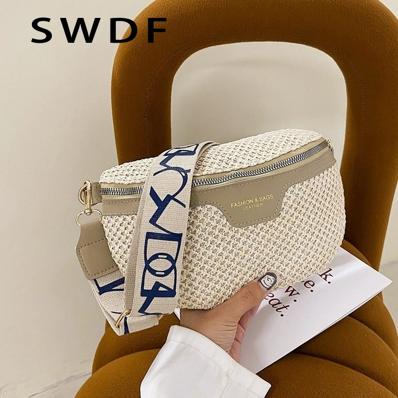 

Стильные вязаные соломенные поясные сумки для женщин, модная тканая поясная сумка, Женская поясная сумка, нагрудная сумка через плечо с шир...