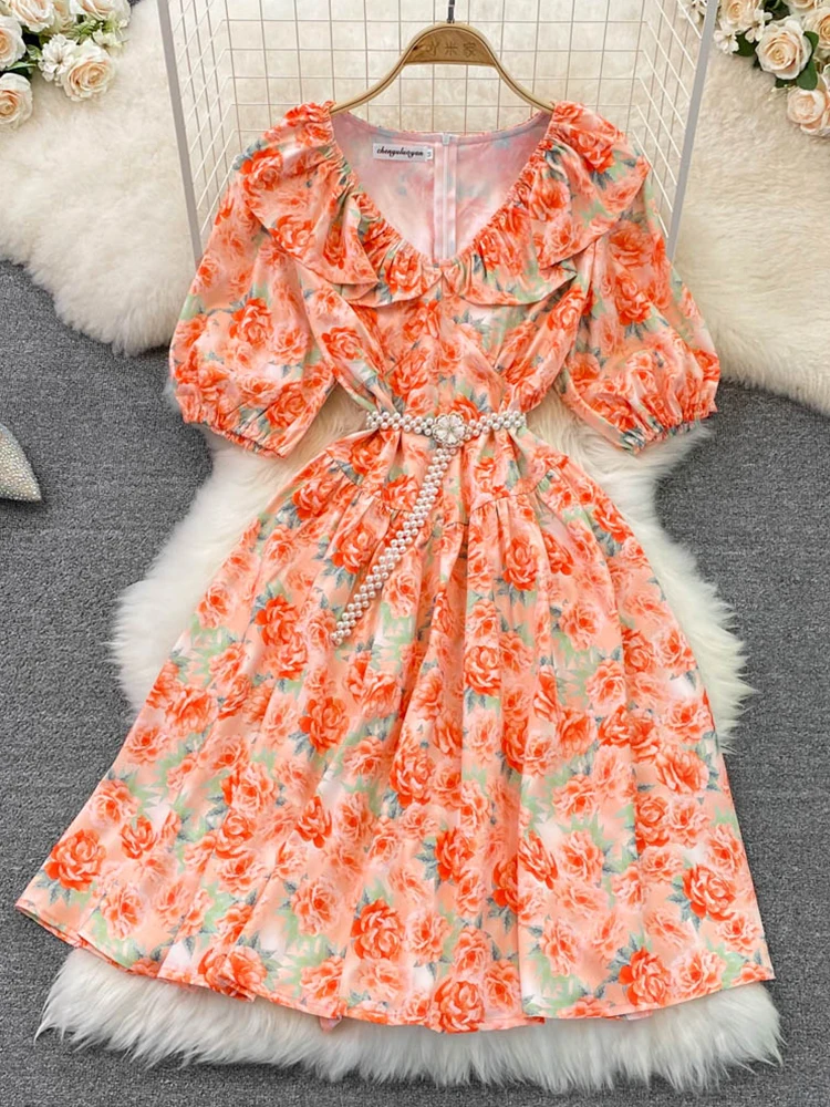 

Платье женское летнее с V-образным вырезом, пышными рукавами и цветочным принтом