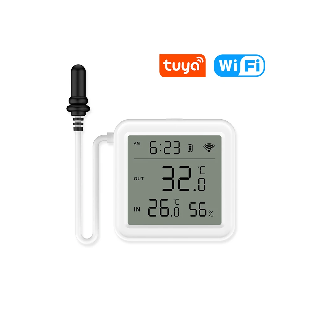 

Датчик температуры и влажности Tuya Wi-Fi с внешним зондом, ЖК-термометр, работает с Alexa Google Assistant для холодильника