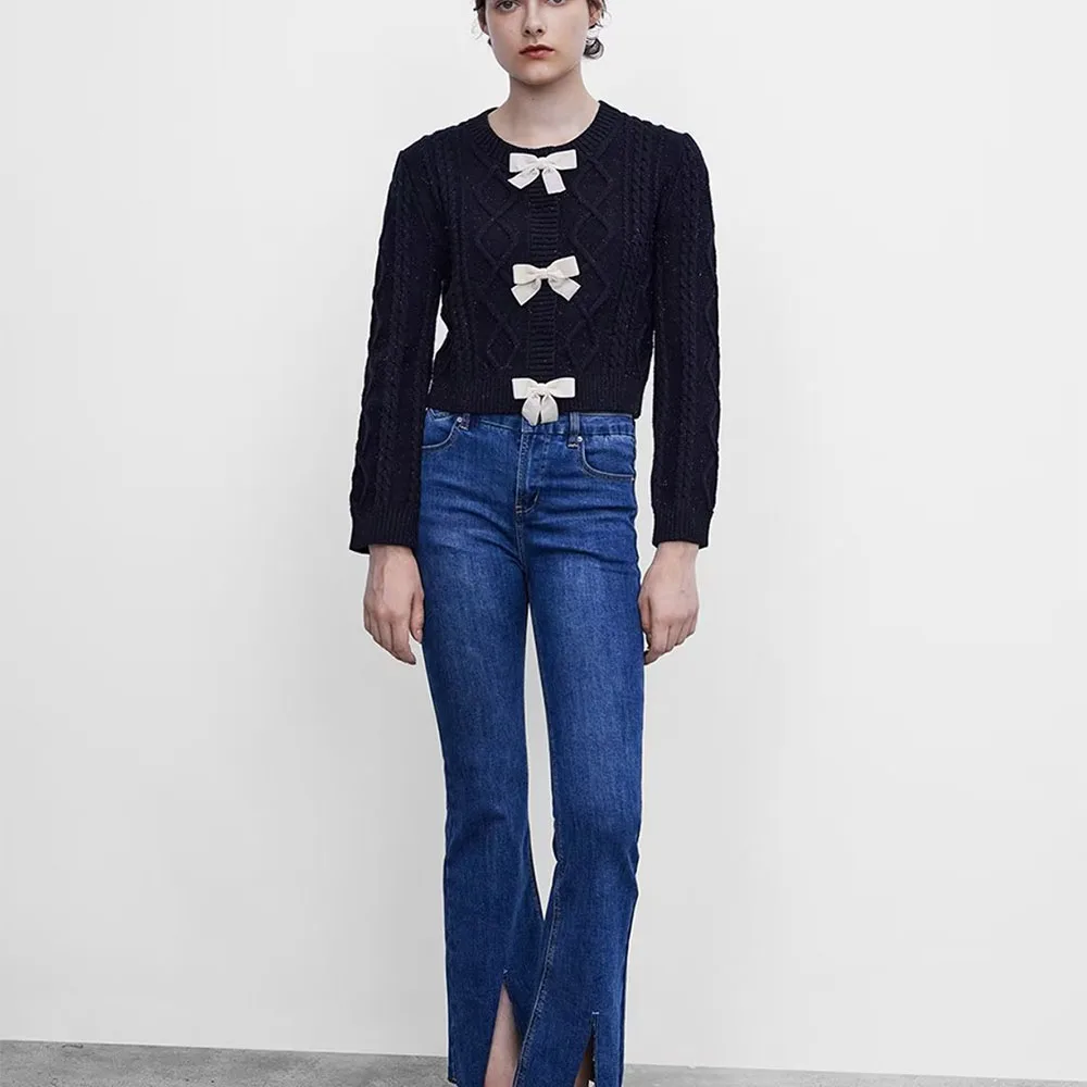 

Новинка осени 2022, Женский Повседневный облегающий свитер в стиле ретро с круглым вырезом и бантом