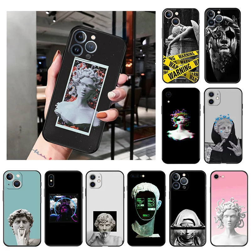 

Silicone Black Phone Cases Cover for iPhone 11 14 Pro Max 12 13 Mini XR SE 7 8 6 6s Plus XS X SE3 Unique David Medusa Statue Art