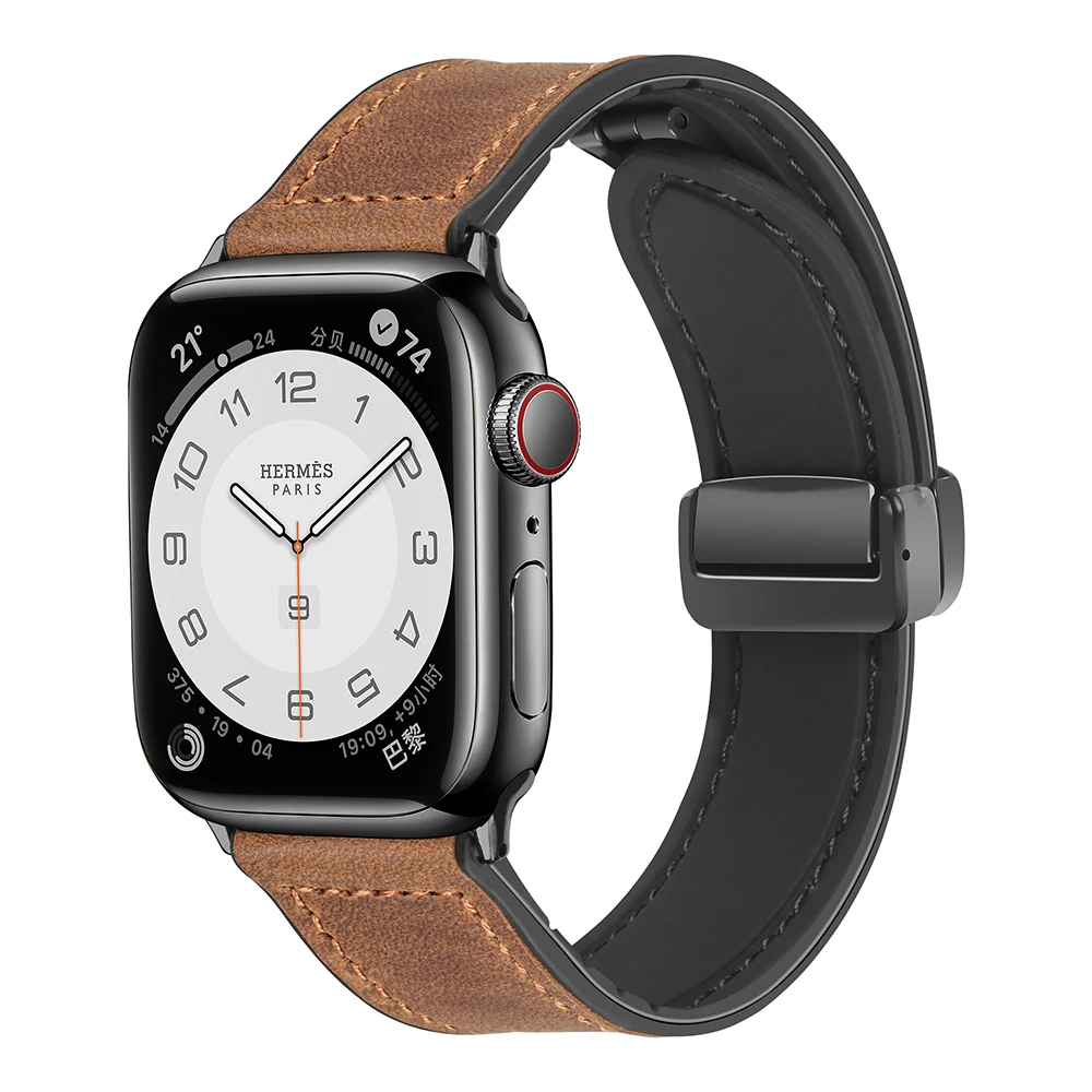 

Compatible with Apple Watch Band 42mm 38mm Sweatproof Genuine Leather and Rubber Hybrid Strap iWatch Series Ultra 87654321 SE