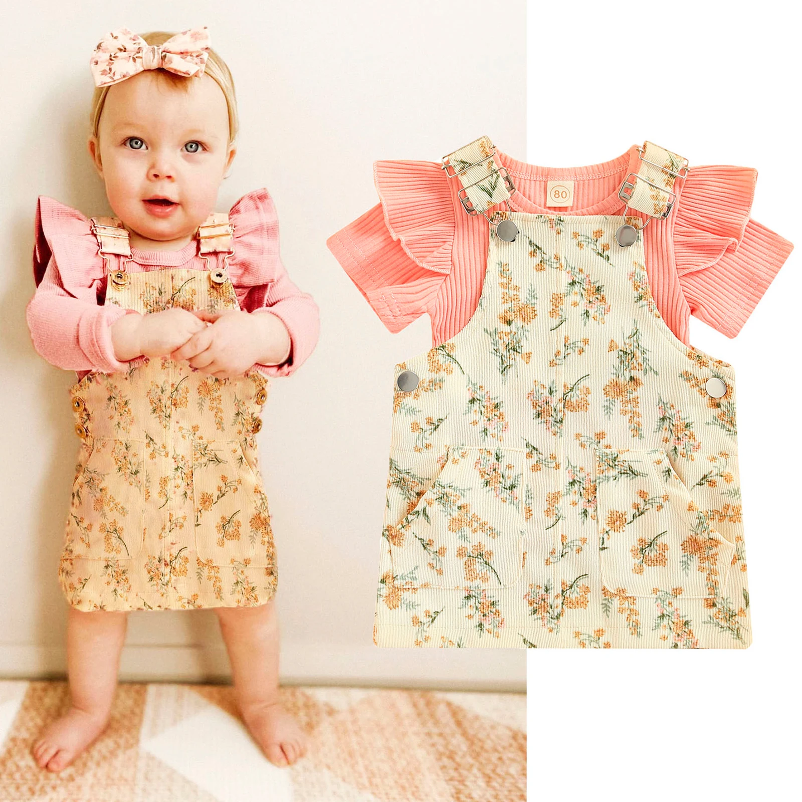 

Ma&Baby 3-24M Newborn Infant Toddler Baby Girl Clothes Set Floral Strap Dress Ruffle Knitted T-shirt Outfits Summer Costumes D01