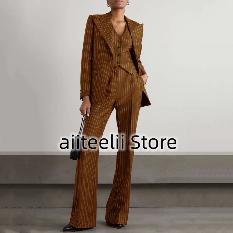 Women's Three-piece Suit Fashion Striped Slim Fit Lapel (Jacket + Vest + Trousers) Collar Single-breasted Suit for Business
