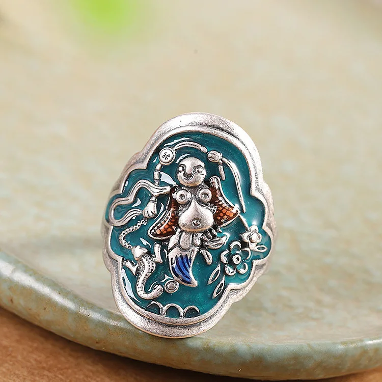 

New Inlaid Burnt Blue Retro Antique Small Figure Ethnic Style Men's and Women's Wide Face Ring Open