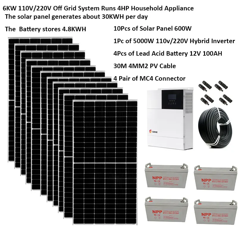 Solar Panel Kit Complete With Battery 6000W 6kw 220V 110V  Hybrid Inverter 5000W Off Grid Home System 4HP Air Conditioner