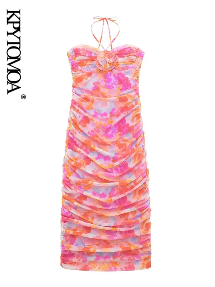 

KPYTOMOA Women Fashion Floral Appliques Printed Tulle Midi Dress Vintage Adjustable Halter Tie Backless Female Dresses Mujer