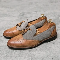 new brogue loafer men shoes pu stitching canvas classic fashion business casual party round head carved tassel dress shoes cp295