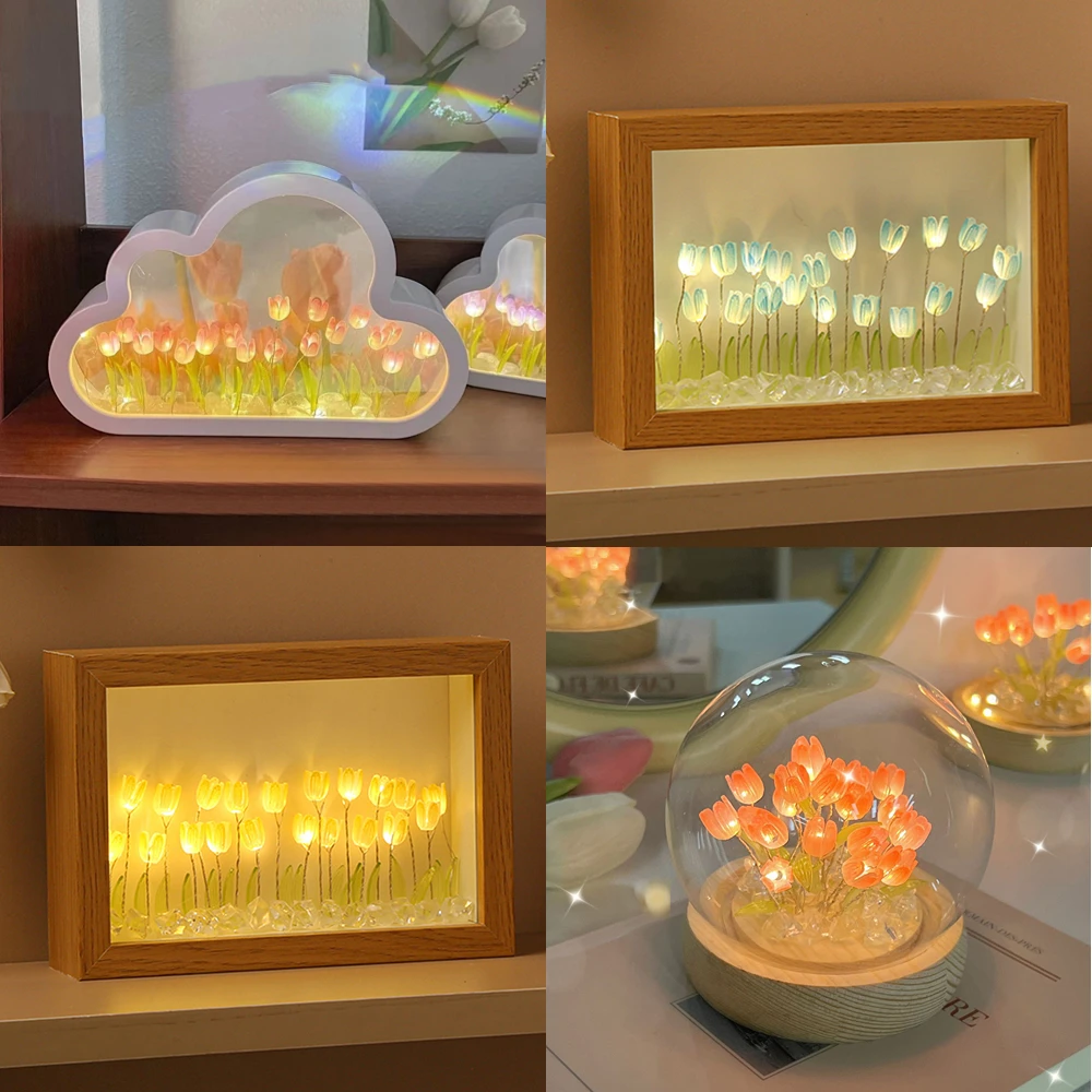 

Photo Frame Tulip DIY Night Light Battery Powered Night Lamp Warm Romantic Nightstand Lamps for Living Room Bedroom Office Decor