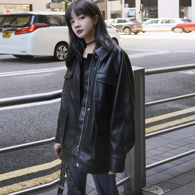 Mid Length Leather Coat Women's Autumn  Winter Korean Locomotive BF Loose Port Pu Winter Style Oversize Jacket Y2k Girl Top