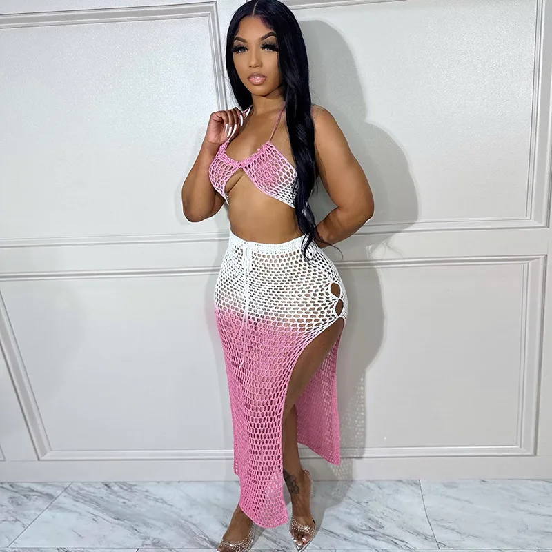 

2023 Gradient Crochet Knitted 2 Piece Sets Hollow Out Beach Suits Women Summer Lace Up Halter Bra Top Side Split Maxi Skirts