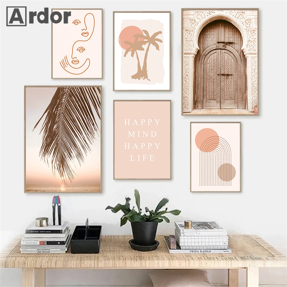 Абстрактный постер на холсте в стиле бохо с изображением солнца пальмовых