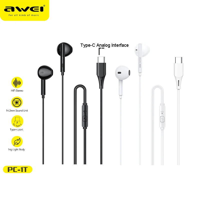 Awei PC-1T Hot Earphones Wired Headphones In-Ear Earbuds With Mic Mini Stereo Voice 1.2m Sport Earphone For HUAWEI XIAOMI