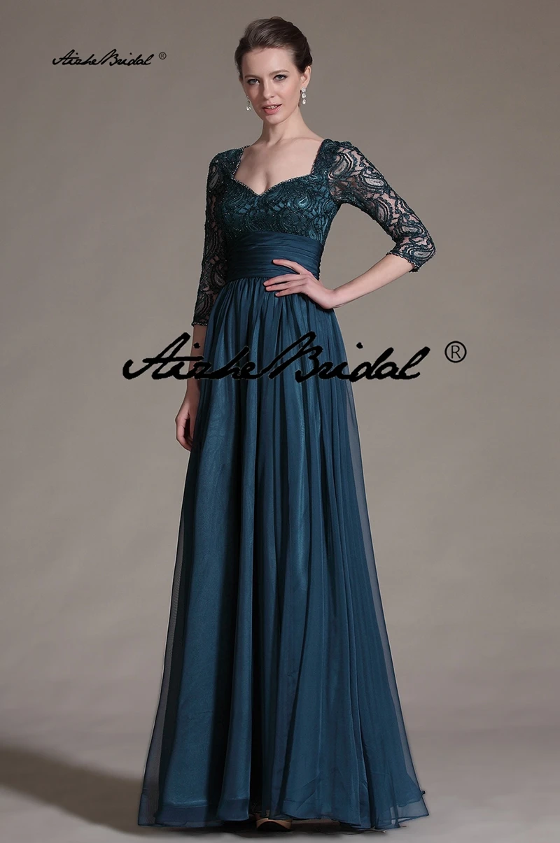 

Sexy Square Neck A line Mother Of The Bride Dresses Three Quarter Sleeves Mother Dresses For Wedding Guest Evening Gowns