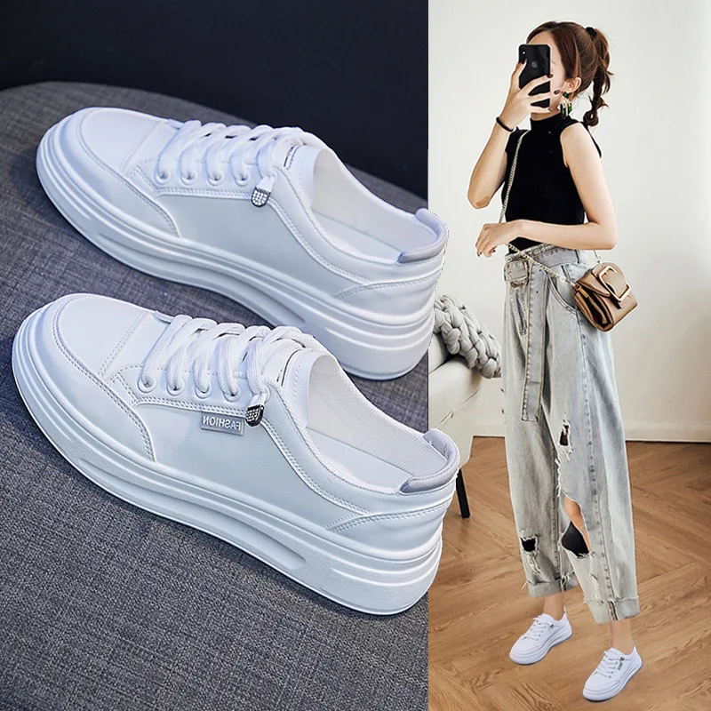

Lace-up White Shoes Women Flat Leather Shoes Female White Board Casual Shoes Women Platfrom Student Daily Board Shoes