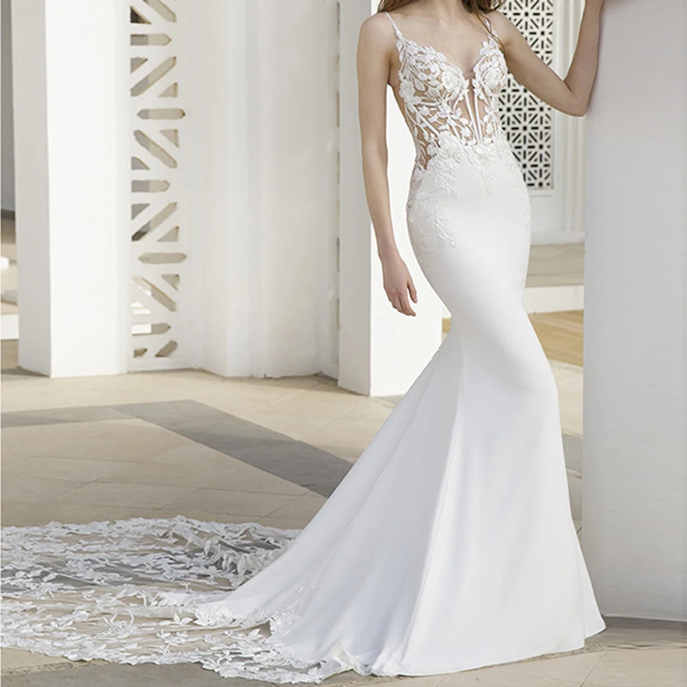 

Exquisite Wedding Dressees Spaghetti Straps Hollow Lace Applique V-Neck Mermaid Bride Gown For Wedding Party robes de mariée