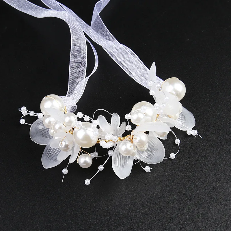 

Luxury Pearls Wrist Corsage For Wedding Flower Girls Prom Romantic Bridesmaid Bracelet Bow Crystal Girl Party Accessories