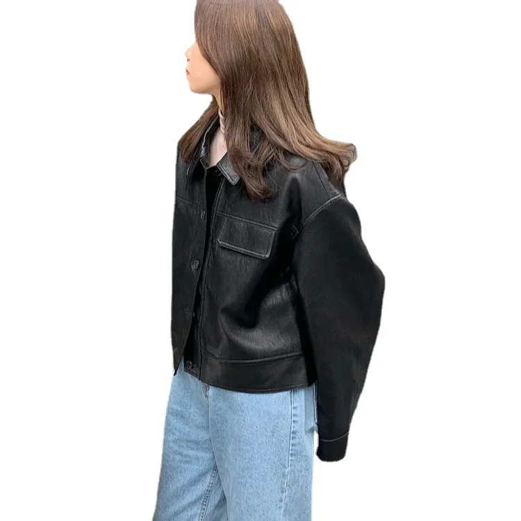 Loose leather jacket for women in the spring  autumn of 2022 Korean fashion casual black single PU jacket short leather jacket