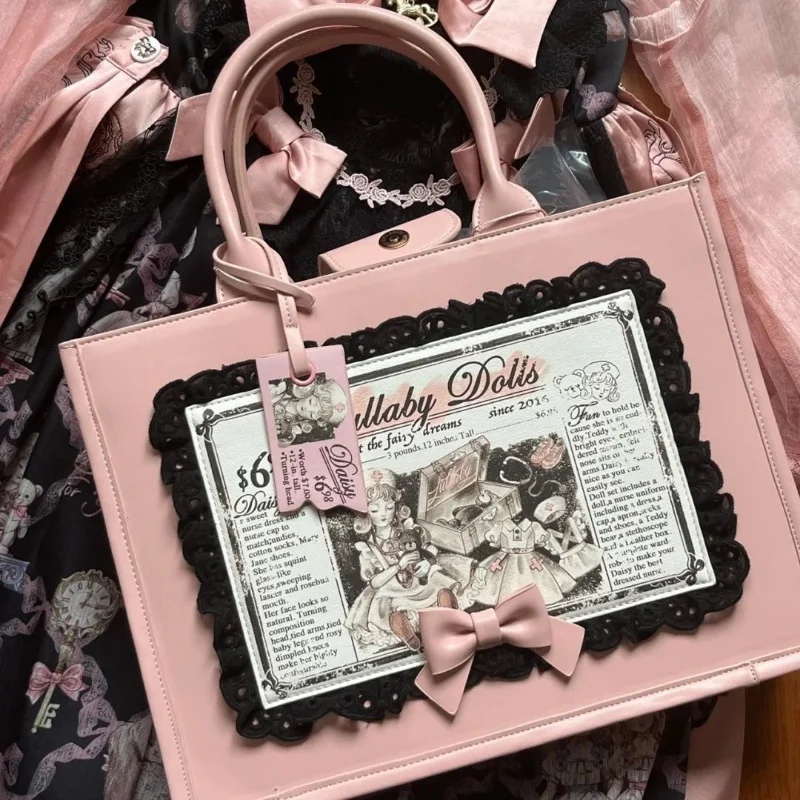 

Kawaii Lolita Handbags for Women Pink Cute Vintage 2023 New Large Capacity Handbags Pu Leather Lady Party Bolso Mujer