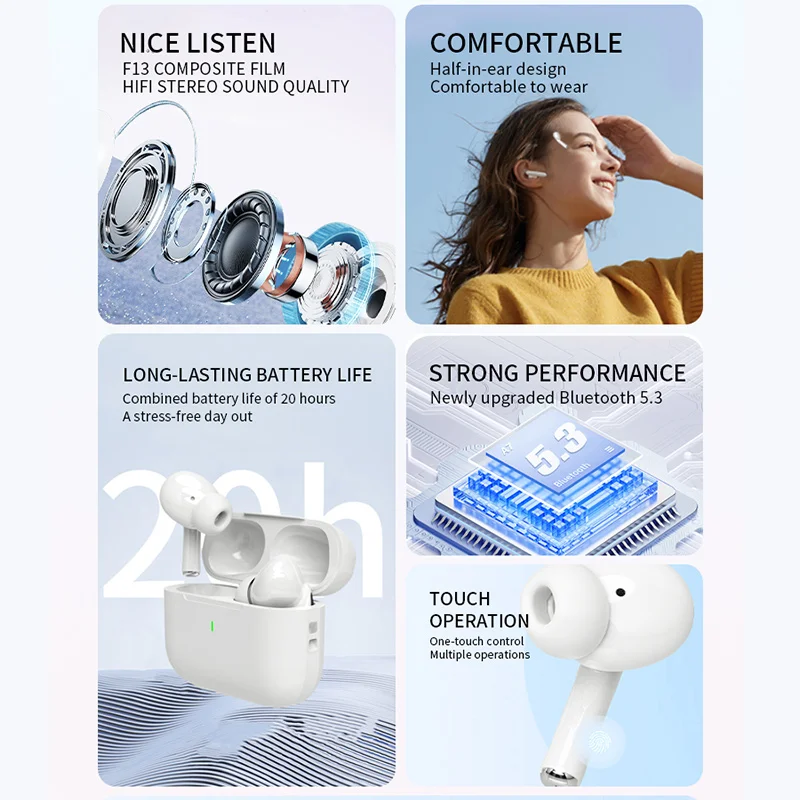 Фото Беспроводные Bluetooth-наушники Air Pro 2025, TWS-гарнитура, Hi-Fi наушники с шумоподавлением, водонепроницаемые для IPHONE Android №2