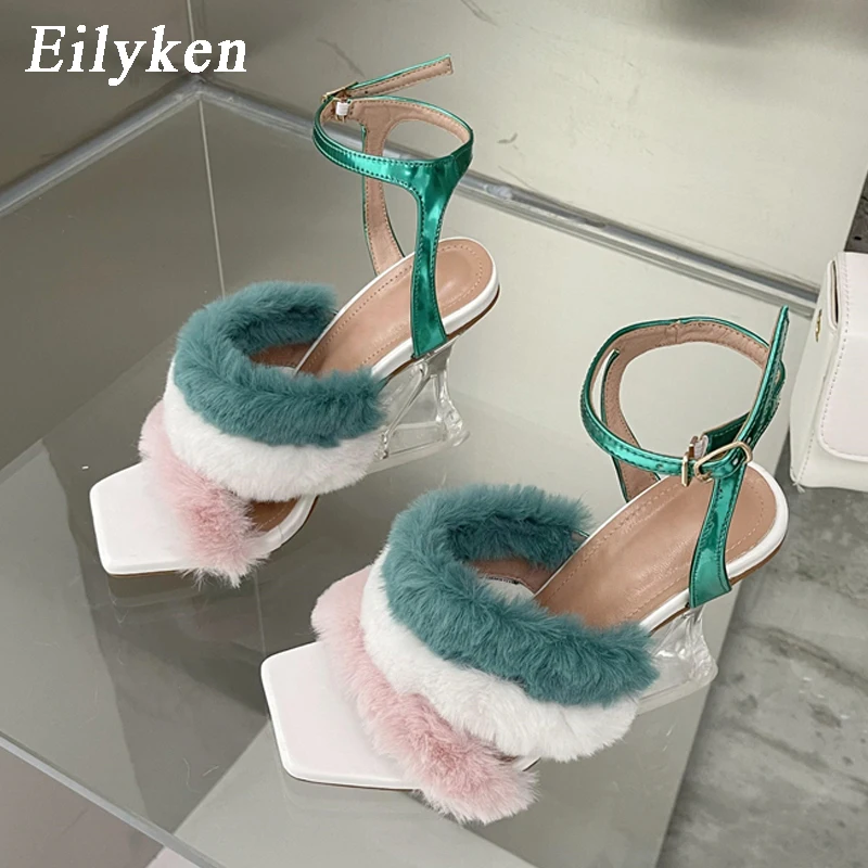 Eilyken Feather Transparent Strange High Heels For Women Fashion Clear PVC Square Toe Fur Sandals Heels Ladies Mules Shoes