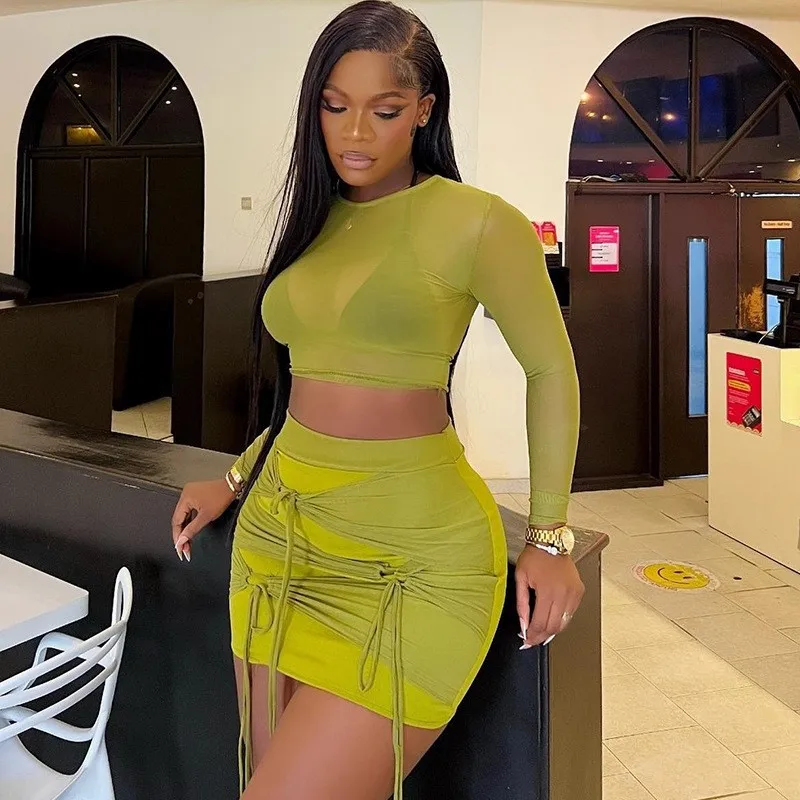 

Summer Outfits For Women 2023 Dress Tight Neck Mesh Short T Shirt Mini Skirt Two Piece Set Solid Polyester Bathing Suit Cover Up