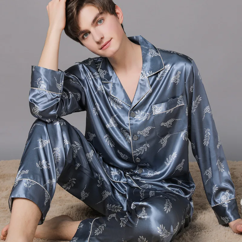 Flame Of Dream Men's Pajamas Spring Long Sleeved Silk Suit Men's Silk Trousers Home Clothes Ice Silk Thin Pajamas 22717
