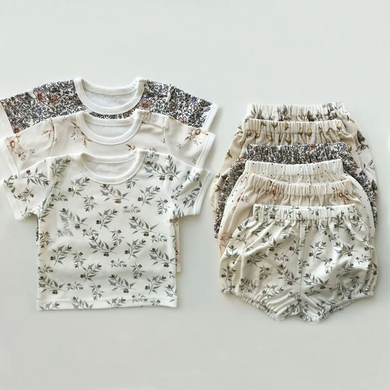 Newborn Baby Girl Boy Clothes Summer Floral Cotton Baby Clothes Sets Short Sleeve Tops T-shirt + Shorts 2PCs Baby Outfits