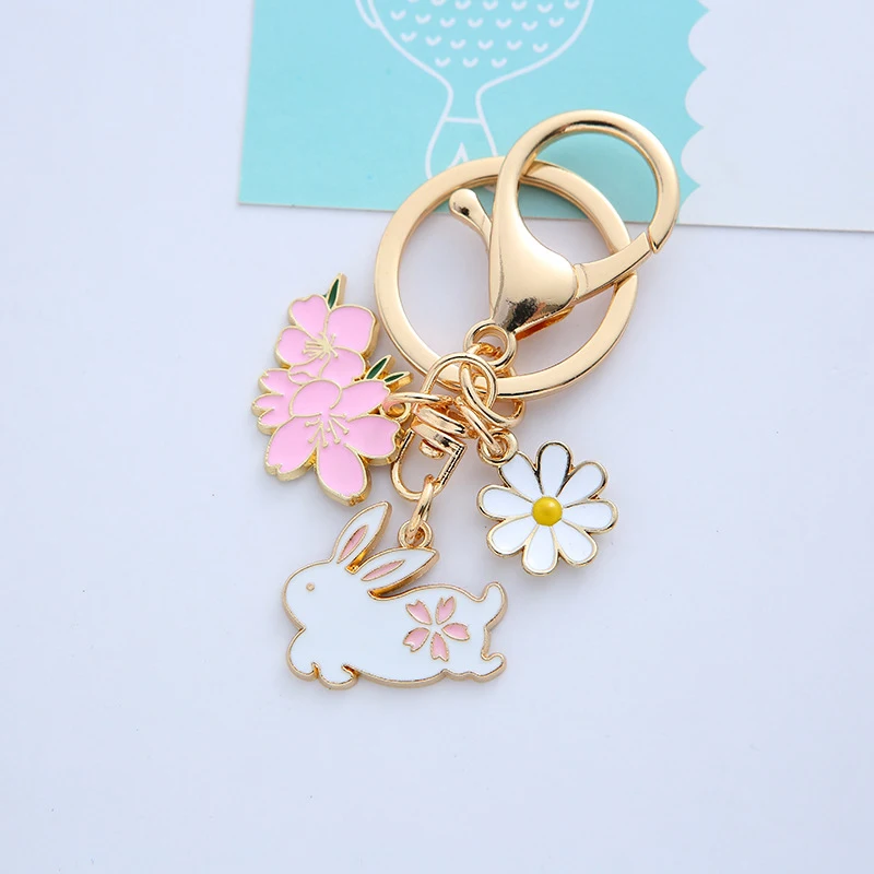 

Pink Rabbit Flower Metal Keychain Pendant Ornament Charm Alloy Jewelry Key Chain for Women Girl Gift Accessories