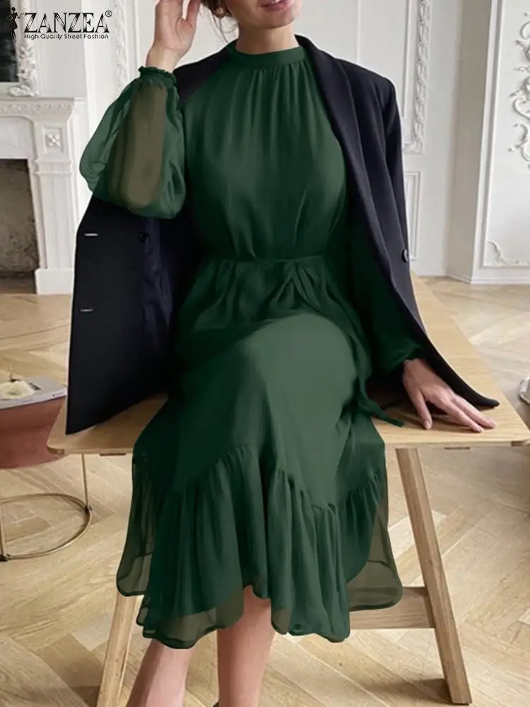 

Элегантное женское платье ZANZEA весна-лето 2022 Модное шифоновое однотонное вечернее платье женские сексуальные прозрачные платья