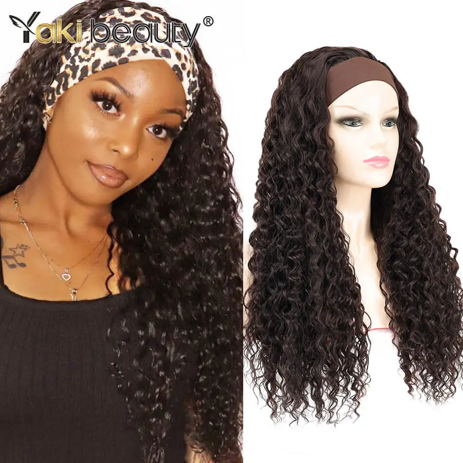 Synthetic Kinky Curly Headband Wigs Organic Fiber Wig With Ice Headband For Black Women 28Inch Ombre Color Wigs By Yaki Beauty
