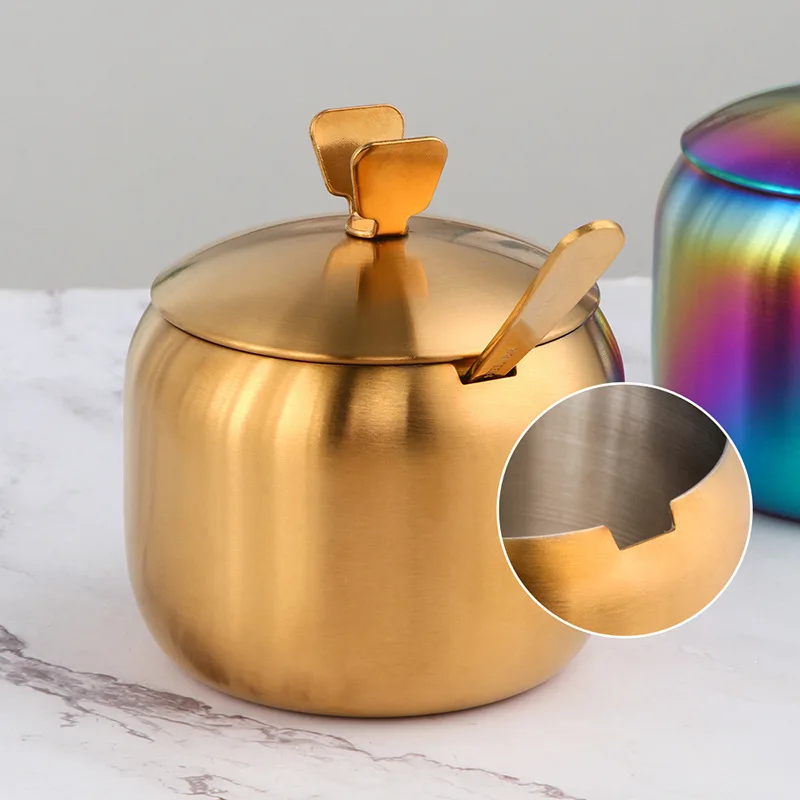 

Kitchen Stainless Steel Gold Seasoning Condiment Pot Lovely Design Spice Salt Sugar Container Pepper Jar Tool with Lid and Spoon