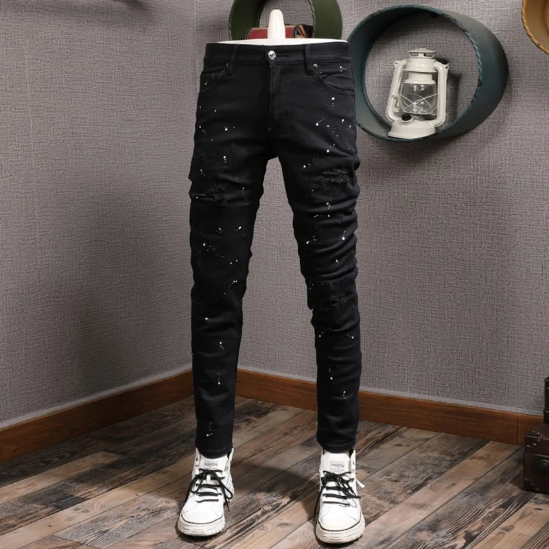 Street Fashion Men Jeans High Quality Black Stretch Elastic Slim Ripped Jeans Men Painted Designer Hip Hop Brand Pants Hombre