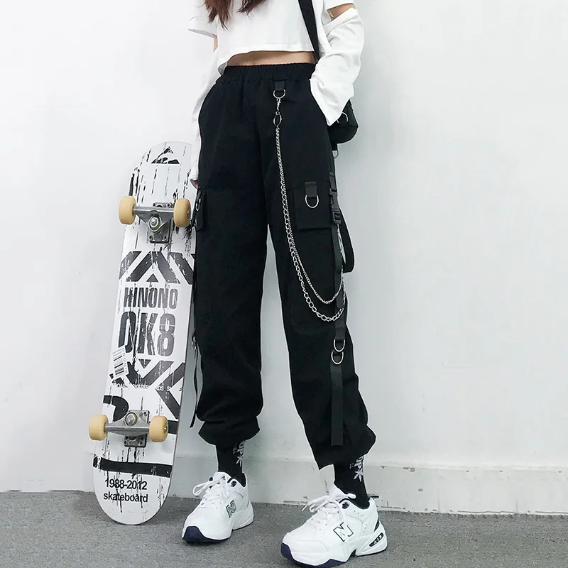 

Брюки-карго в стиле хип-хоп с эластичной завышенной талией и карманами на цепочке, популярная летняя повседневная одежда в стиле панк, Корей...