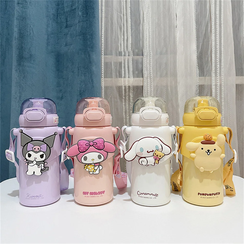 

460ML Kawaii Sanrio Kuromi My Melody Cinnamoroll Purin Dog Anime Kids Straw Water Cup Food Grade 316 Stainless Steel Thermos Cup