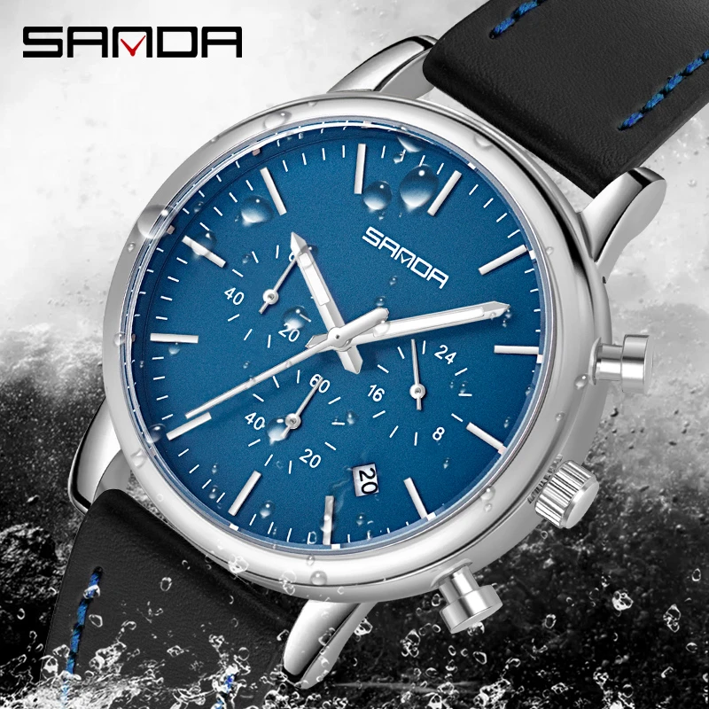 

Sanda-Brand Business Fashion Men Multifunctional Three Dial Six Needles Casual Waterproof Belt Chronograph Sports Quartz Watch