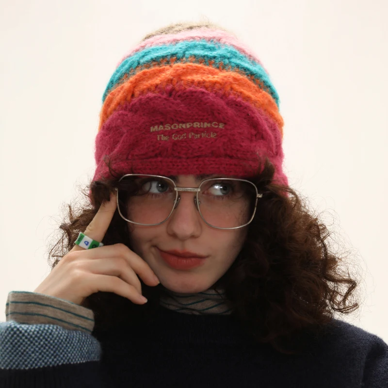 

Korean Gradient Pullover Beanies Hats for Women Fashion Contrast Letter Winter Warm Ear Protection Knitted Hat Hip Hop Cap