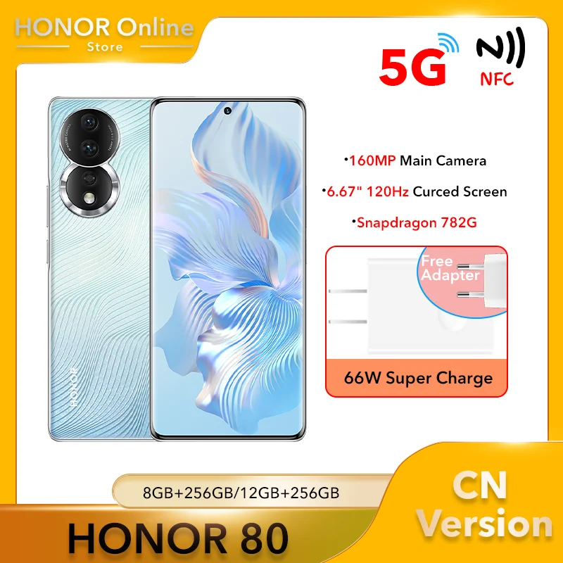HONOR 80, 6,67 МП, основная камера Ultra-HD, изогнутый OLED дисплей дюйма, EIS & AI Vlog 66 Вт, сотовый телефон с супербыстрой зарядкой