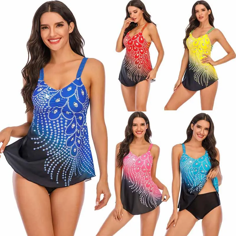 

Women New Bikini 2022 Strapless Printing Diamond Feather Color Matching Split Plus Size Swimsuit Halter Neck Beach Wear Two Set