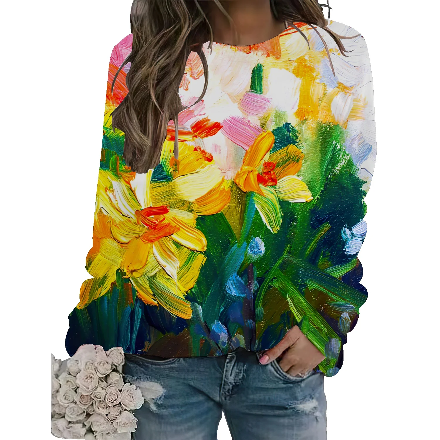 

Floral oil painting American fashion printing wild round neck sweater autumn new thickening loose casual vibe wind top